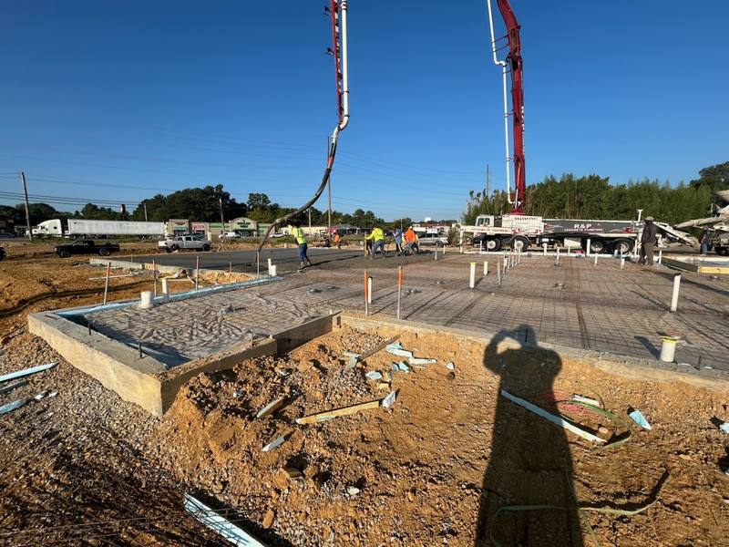 Concrete pump placing footings on a prepared site