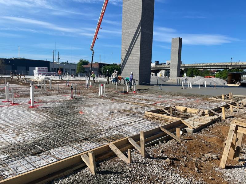 Rebar grid set before a concrete slab pour