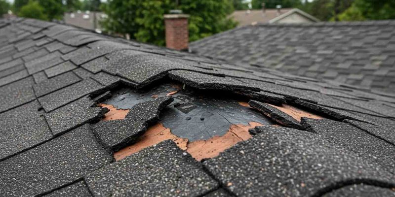 Roof repair vs replacement: damaged shingles exposing the roof deck