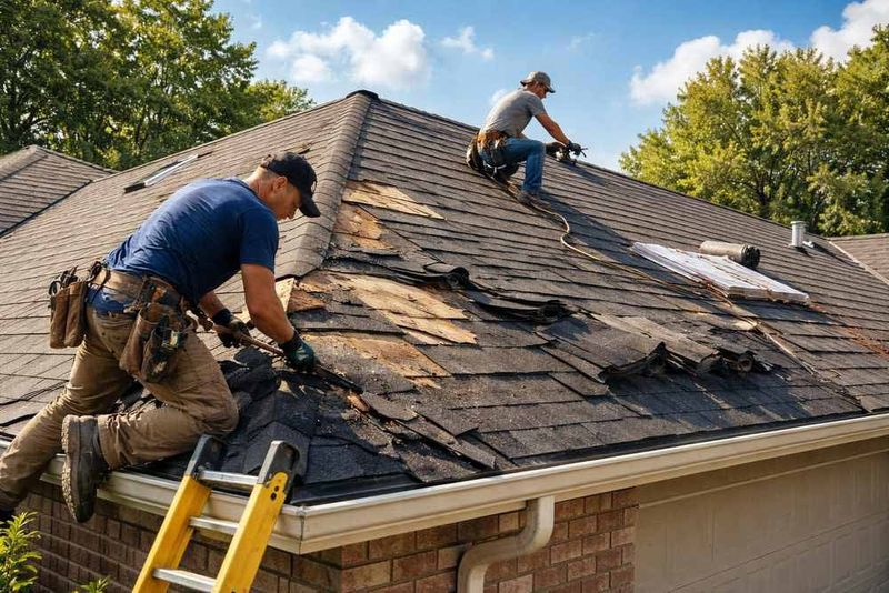 Roof repair vs replacement: roofers tearing off worn shingles for a new roof